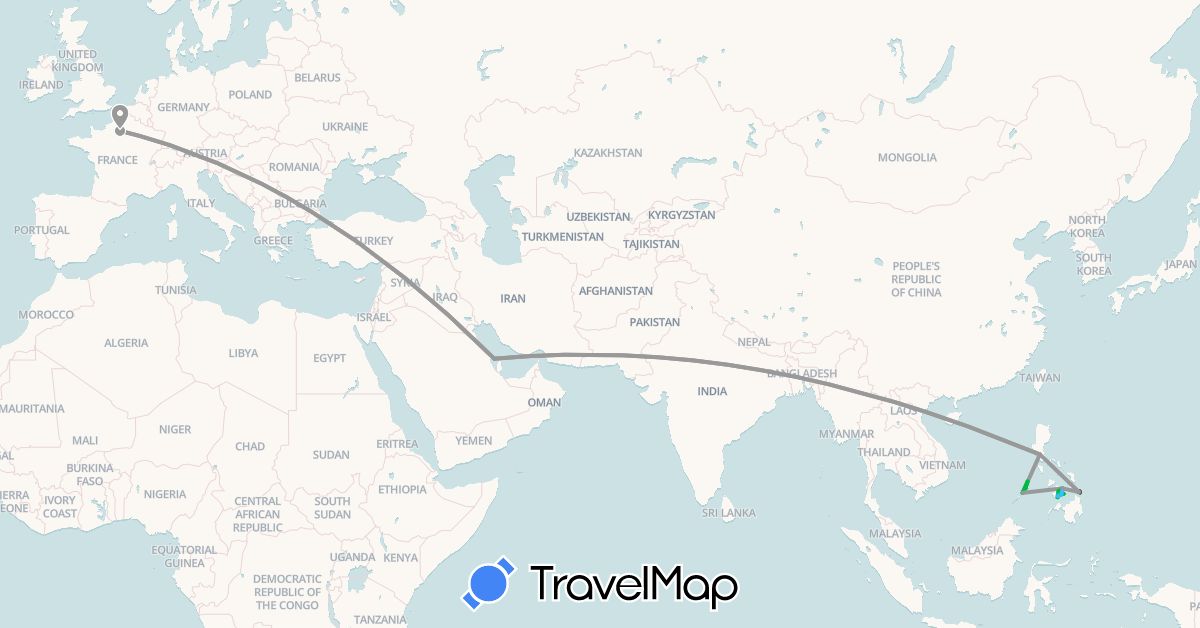 TravelMap itinerary: driving, bus, plane, boat, motorbike in Bahrain, France, Philippines (Asia, Europe)